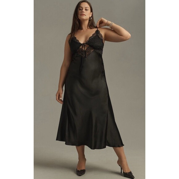 Anthropologie ESTHÉ Slip Dress Women Black Lace Satin Date Night Sexy Large NWT